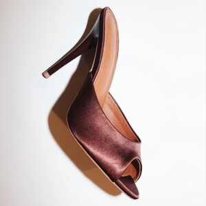 Cult of Coquette FORD chocolate brown satin open toe mules